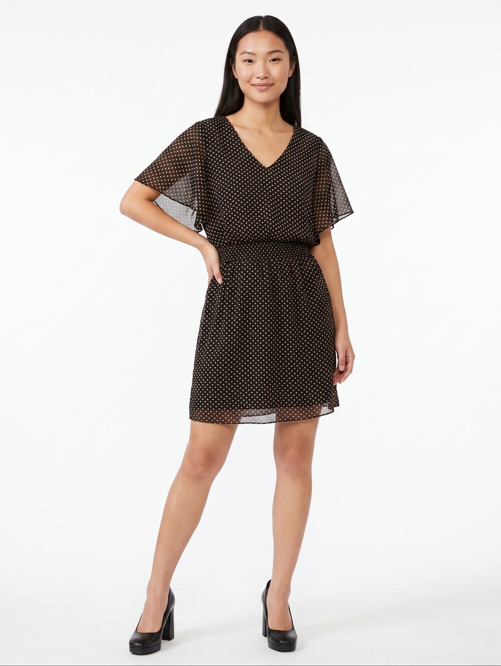 Black Mini Dress Tan Polka Dots Blouseon Elastic Waist Flutter Sleeves Sm